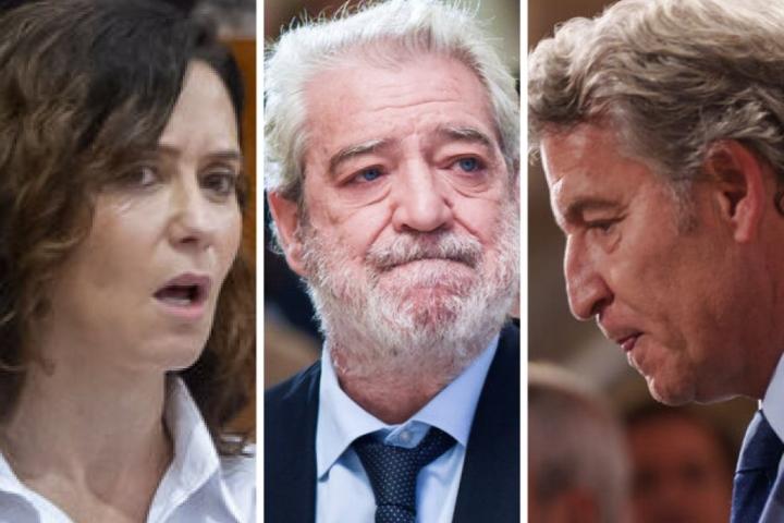 La presidenta de la Comunidad de Madrid, Isabel Díaz Ayuso; su jefe de gabinete y exsecretario de Estado de Comunicación Miguel Ángel Rodríguez; y el líder del PP nacional, Alberto Núñez Feijóo; en sendas imágenes de archivo, respectivamente.