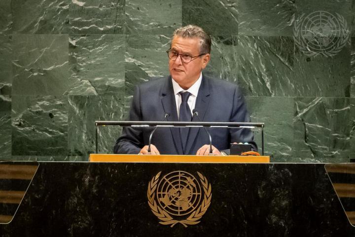 Aziz Akhannouch, primer ministro del Reino de Marruecos, durante su intervención en la 80º edición de la Asamblea General de la Organización de Naciones Unidas (ONU).