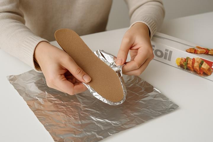 manos forrando plantilla de zapato con papel de aluminio sobre una mesa blanca