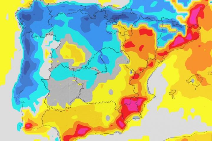 Mapa de variación máxima de la temperatura máxima para el viernes 3 de octubre de 2025