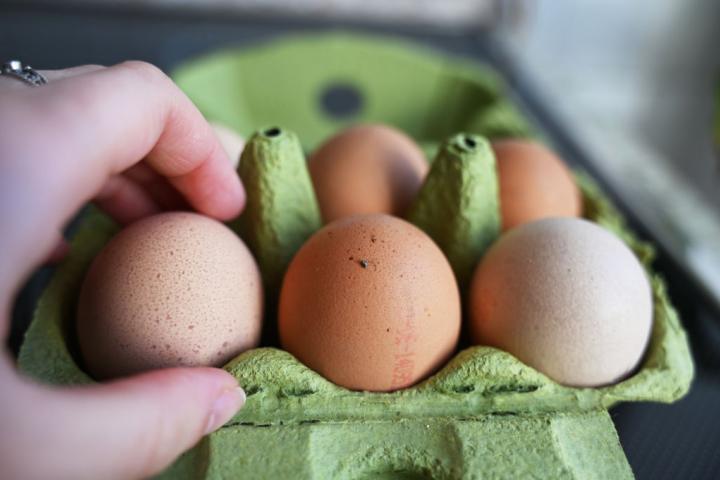 Cartón de huevos marrones en una cocina, uno de ellos cogido con la mano.