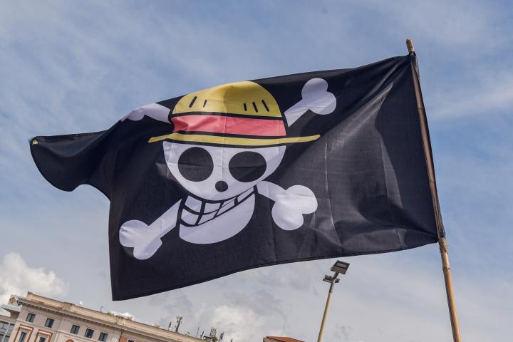 Bandera de One Piece en una protesta de Italia.