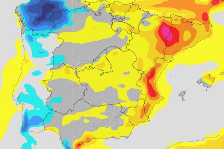 Mapa de variación media de la temperatura máxima de cara al sábado 4 de octubre de 2025