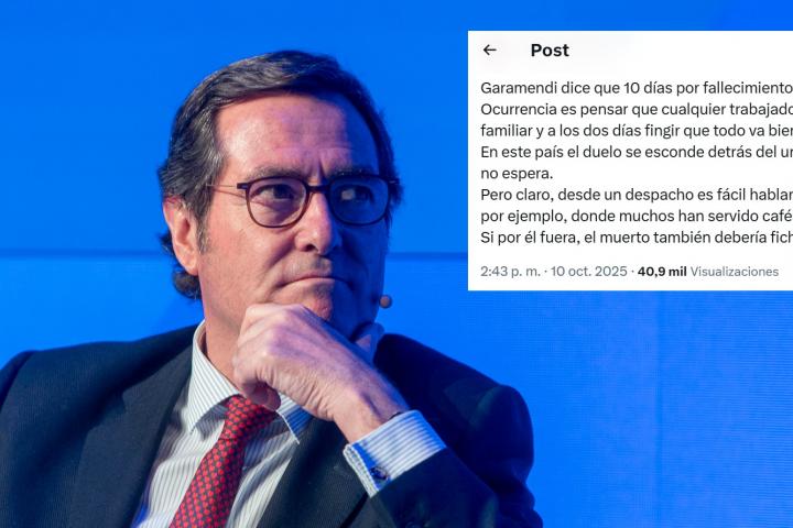 Fotomontaje del presidente de la CEOE, Antonio Garamendi, y el tuit publicado por @soycamarero