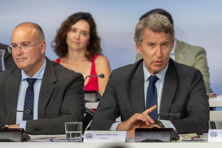 El presidente del PP, Alberto Núñez Feijóo, en una imagen de archivo durante una reunión en Génova 13.