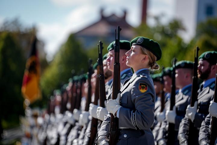 Soldados del batallón de guardia de la Bundeswehr se alinean para recibir al ministro de Defensa suizo frente al Ministerio de Defensa.