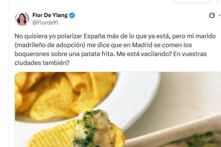 El tuit de @FlordeYl sobre los boquerones con patatas fritas.
