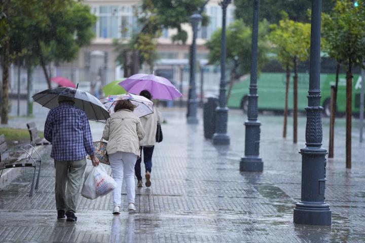 Transeúntes bajo sus paraguas durante una fuerte lluvia el 11 de octubre de 2024, en Cádiz (Andalucía, España).
