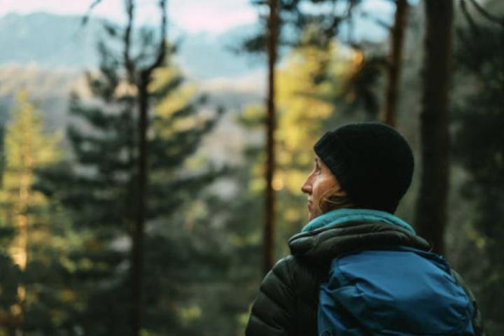 Una mujer en el bosque mirando las vistas