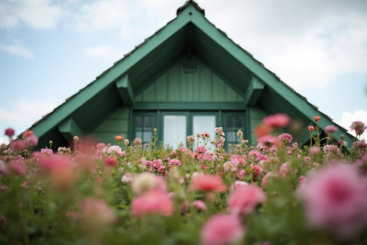 Imagen de archivo de un jardín en primer plano, con una casa de fondo.