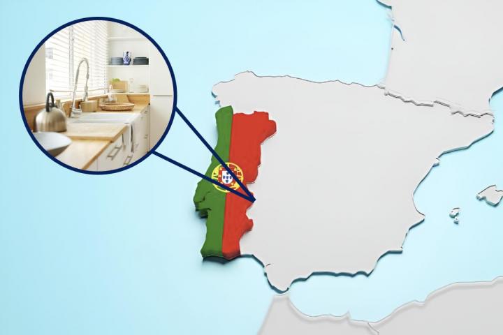 Una imagen de la frontera entre Portugal y España, con una foto superpuesta de una cocina que invadió 10 metros cuadrados del territorio luso