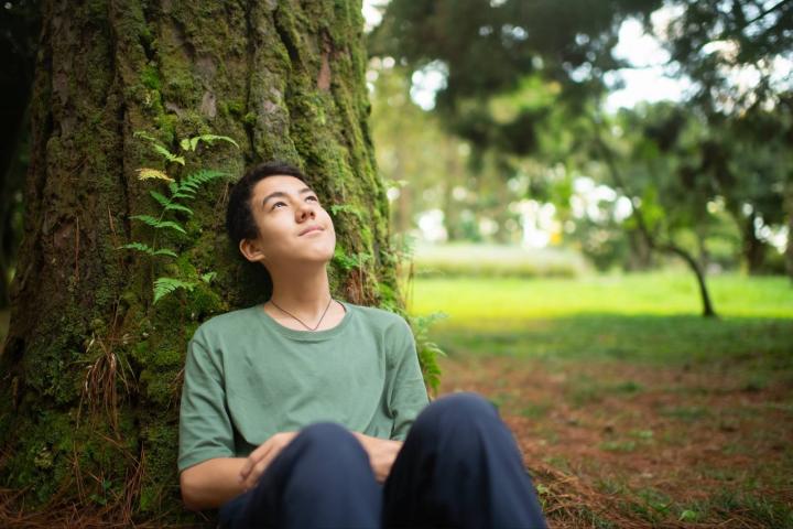 Adolescente disfrutando de la naturaleza, concepto de baño de bosque y conexión con el entorno natural