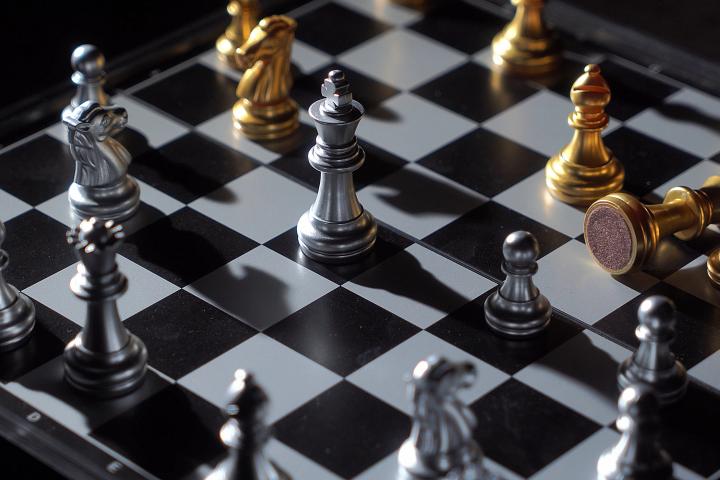 alt="alt="Primer plano de una intensa partida de ajedrez con piezas de oro y plata sobre un tablero, que muestra movimientos estratégicos e iluminación dramática.""