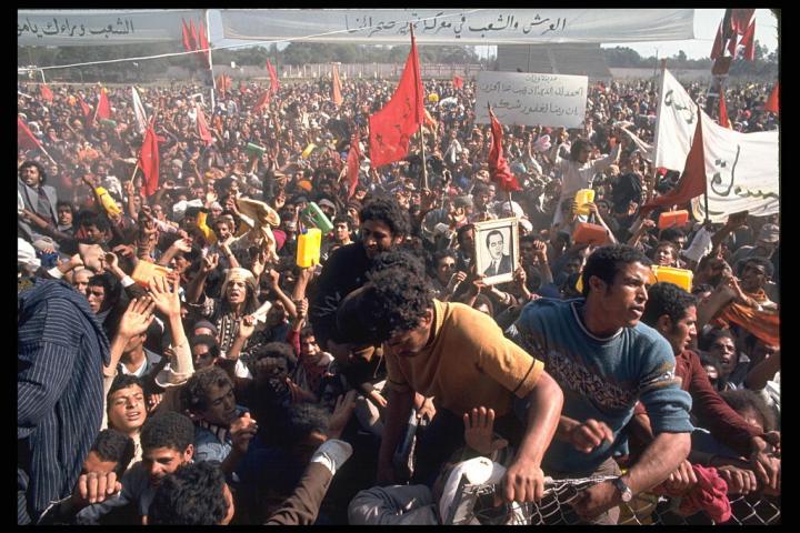 Una muchedumbre de marroquíes, con banderas nacionales y cuadros del rey, se manifiestan en la ciudad de Tarfaia.