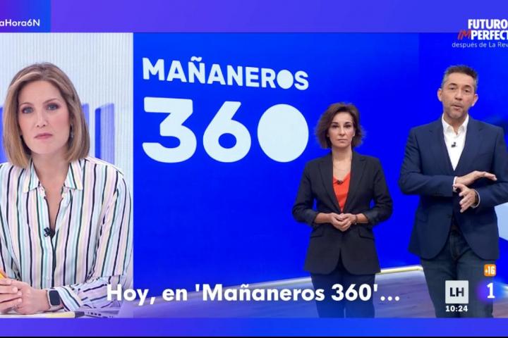 Silvia Intxaurrondo, Javier Ruiz y Adela González en los platós de La Hora de La 1 y de Mañaneros.