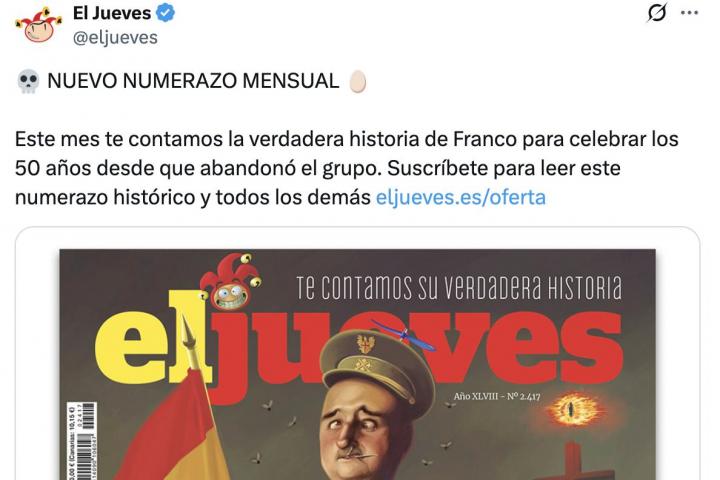 tuit de la cuenta de El Jueves en X donde comparte su portada con un reportaje especial sobre el franquismo