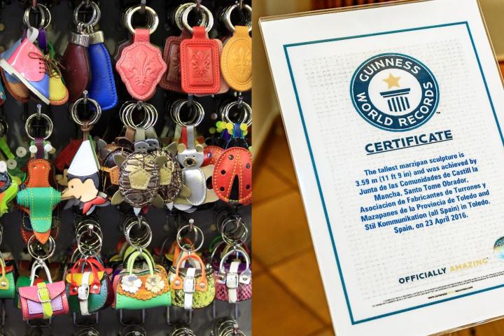 Montaje de una imagen con diversos llaveros y otra de un certificado otorgado a la escultura de Mazapán Quijote, inscrita en el libro Guinness World Records.