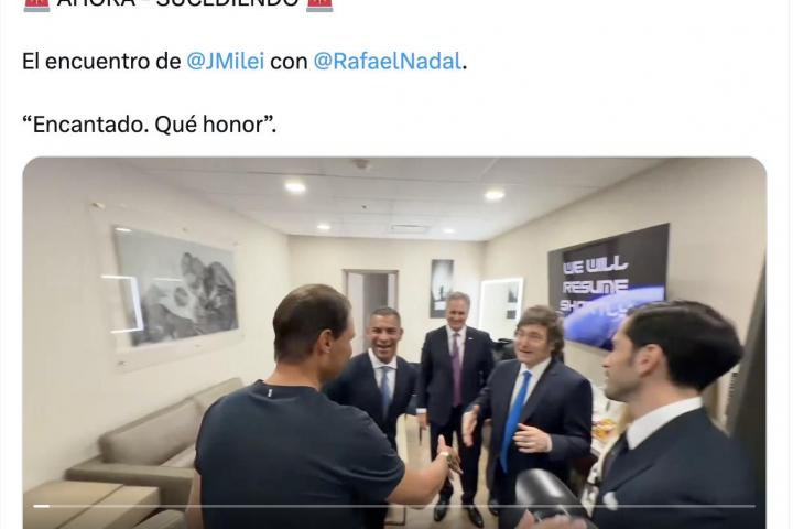 Tuit de Santiago Oria donde se puede ver el encuentro entre Rafa Nadal y el presidente de Argentina, Javier Milei