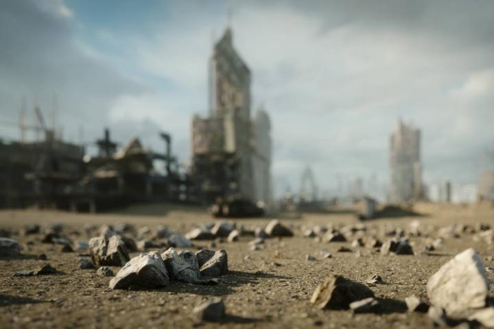 Ciudad desértica generada digitalmente, con edificios abandonados y destruidos