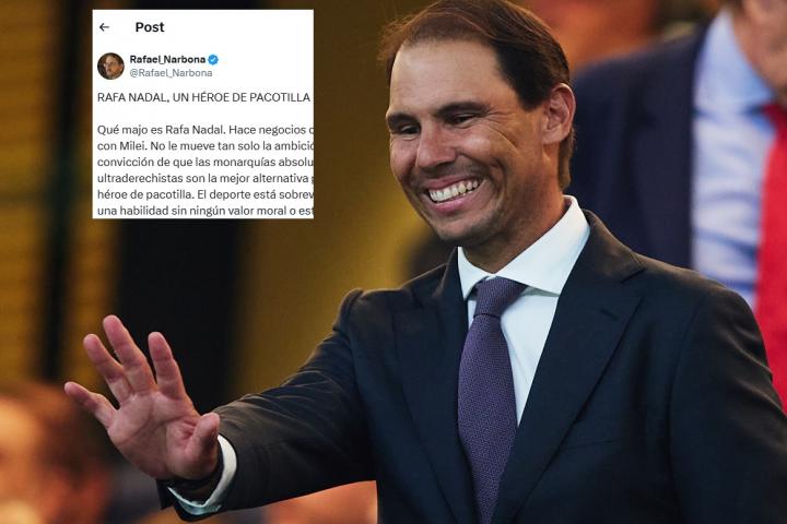 Fotomontaje de Rafael Nadal, saludando, y un tuit de Rafael Narbona