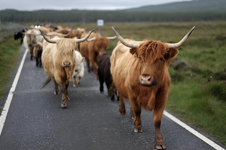 Imagen de archivo de un rebaño de vacas caminando por la carretera