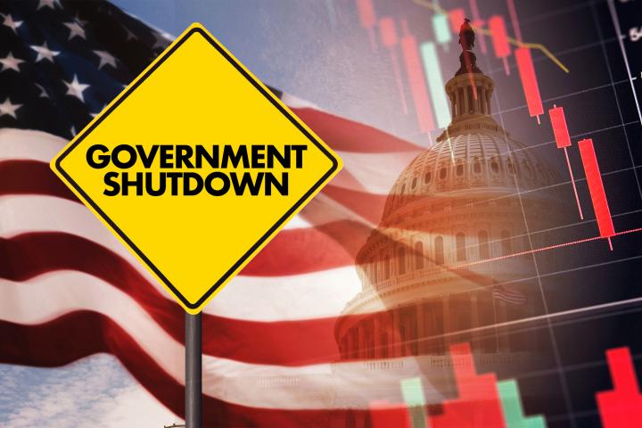 Ilustración del cierre de Gobierno de EEUU, con la bandera nacional y el Capitolio al fondo.