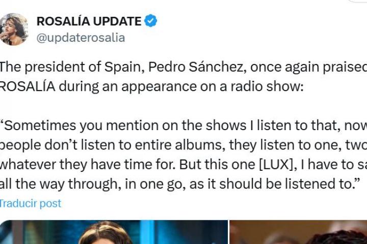 La cuenta de X de @updaterosalia con el tuit de las palabras de Sánchez.