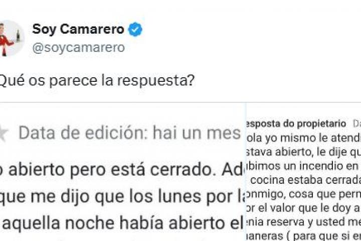 La respuesta de un hostelero, en el pantallazo del tuit de @soycamarero.
