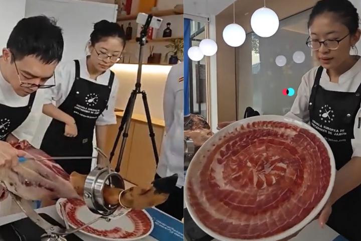 Montaje de dos personas chinas cortando jamón y mostrando los resultados finales en el plato.