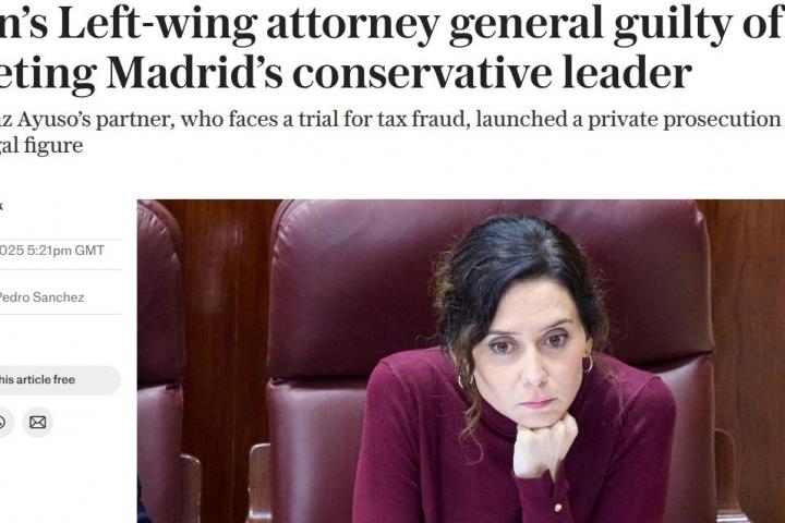 Captura de la información del diario británico 'The Telegraph", con Isabel Díaz Ayuso en el centro.