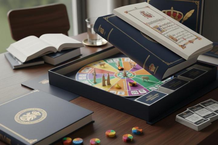 Ilustración digital de un tablero de Trivial con la Constitución española de 1978.