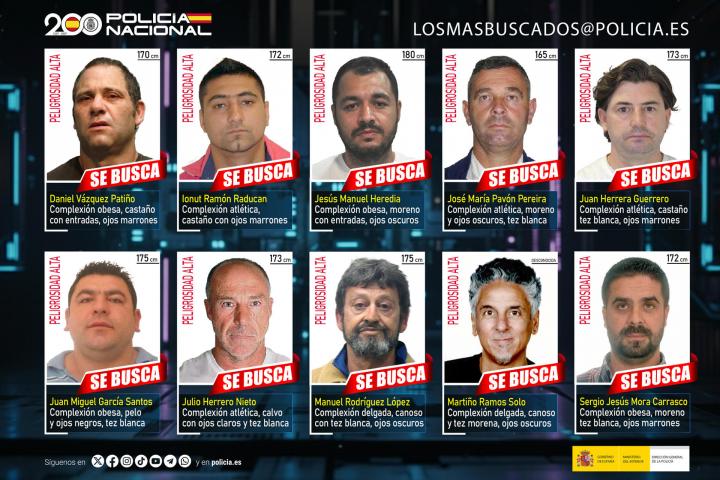 Los diez fugitivos más buscados por la Policía Nacional en España.