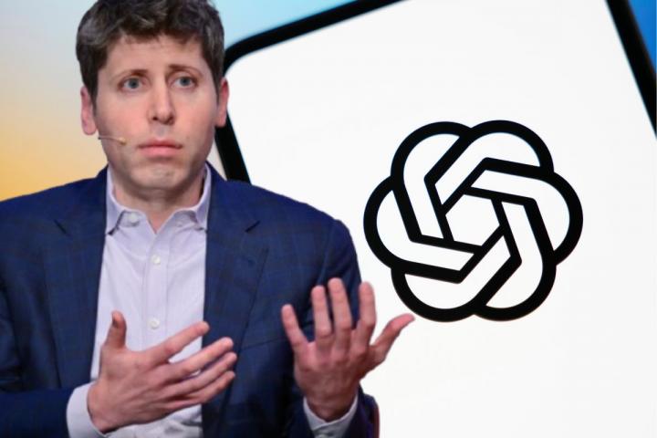 Fotomontaje de Sam Altman, junto al logo de OpenAI.