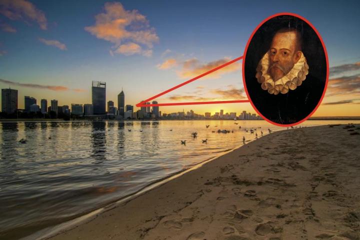 La playa de la ciudad de Perth y una imagen superpuesta de Miguel de Cervantes