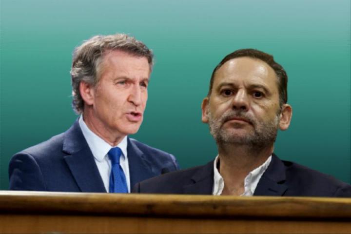 El líder del Partido Popular, Alberto Núñez Feijóo, y el exministro de Transportes, José Luis Ábalos, recién entrado en prisión.