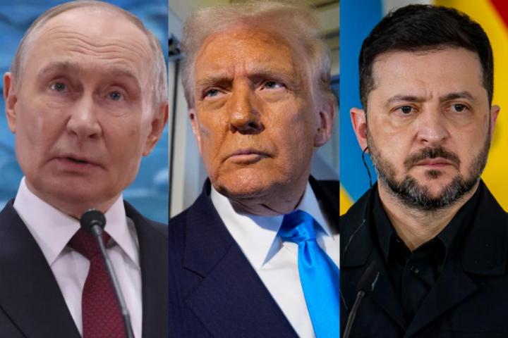 Vladimir Putin, Donald Trump y Volodimir Zelenski, en imágenes de archivo.