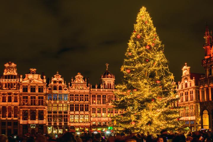 alt="alt="Árbol de Navidad en la emblemática "Grand Place" (literalmente, "Gran Plaza"), en el centro de Bruselas. Construida principalmente entre 1696 y 1704, la plaza cuenta con hermosas fachadas, con una mezcla de arquitectura barroca y renacentista. Durante la noche de Navidad, se celebra un festival de luces al anochecer, además de mercados navideños.""