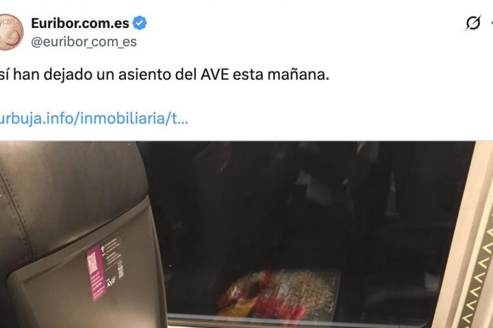 Tuit de @euribor_com_es donde enseña lo que se ha encontrado en un AVE: un asiento lleno de pipas.