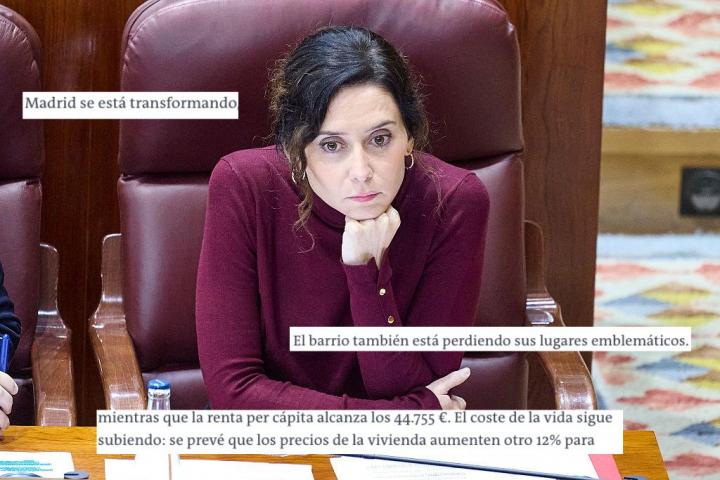 Montaje de la presidenta de la Comunidad de Madrid, Isabel Díaz Ayuso, y extractos del artículo de Le Monde, traducidas al español.