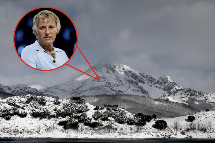 Vista panorámica de las montañas leonesas cubiertas de nieve y una imagen superpuesta de Jesús Calleja