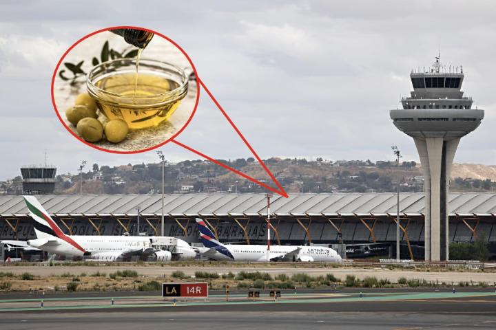 El Aeropuerto Adolfo Suárez Madrid-Barajas y una imagen superpuesta de aceite de oliva