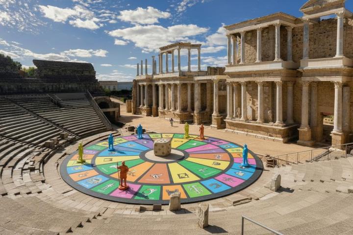 Ilustración digital generada por IA con un juego similar al Trivial en el anfiteatro romano de Mérida (Badajoz, Extremadura).