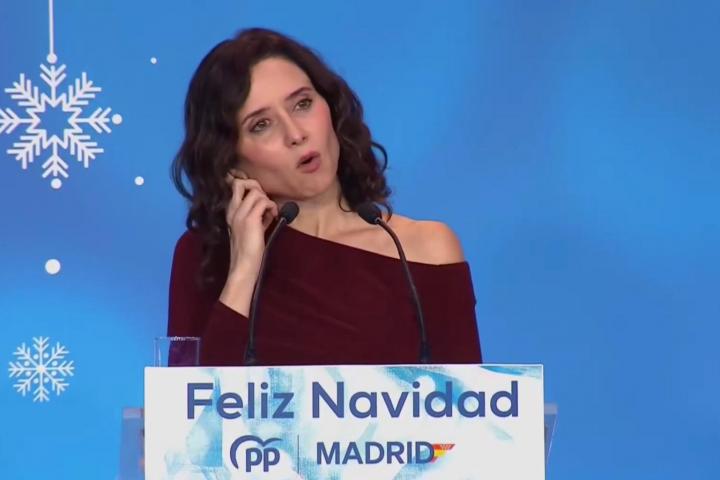 La presidenta de la Comunidad de Madrid, Isabel Díaz Ayuso, en la tradicional cena de Navidad del PP madrileño.