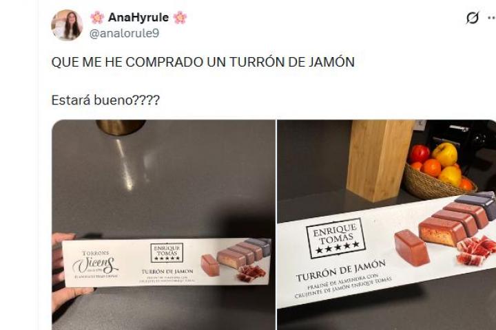 El tuit de @analorule9 con el turrón de jamón.