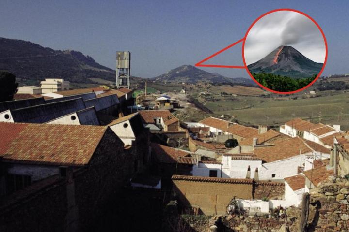 La localidad de Almadén (Ciudad Real) y una imagen superpuesta de un volcán