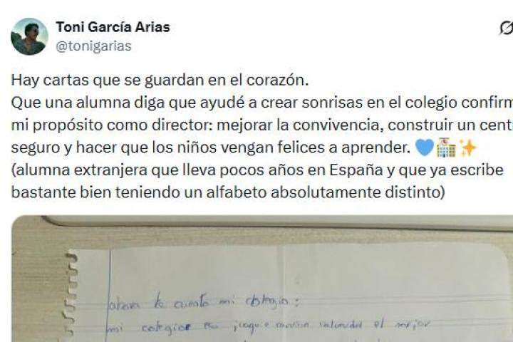 El tuit publicado por @tonigarias con la carta de una alumna.