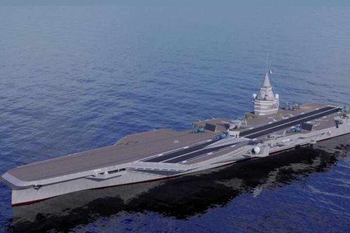 Vista de primer plano del portaaviones de nueva generación (PANG) en el mar