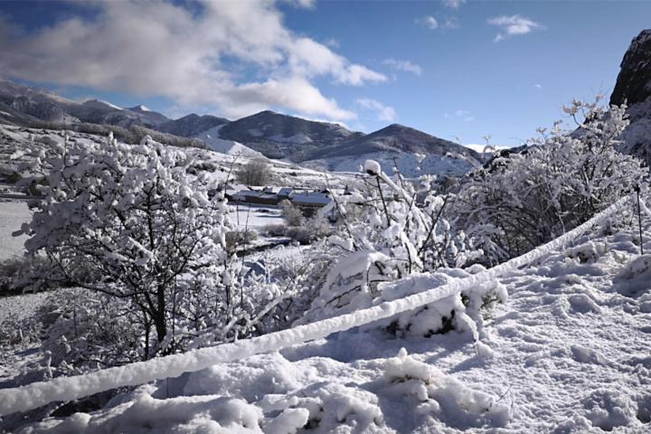 Fotografía donde se observa un temporal de nieve este domingo, en Puebla de Lillo, León (España)
