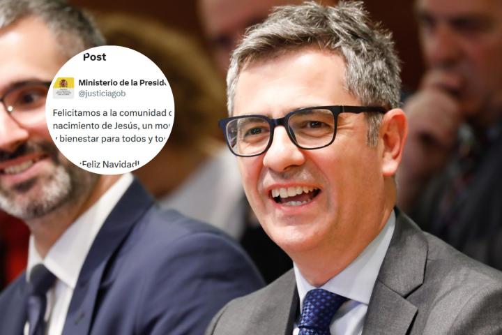 Fotomontaje de Félix Bolaños y el tuit que publicó el 25 de diciembre el Ministerio de la Presidencia.