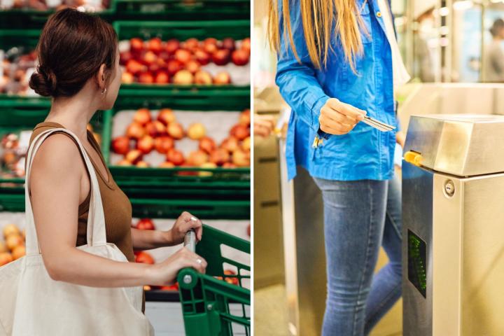 Imagen dividida que muestra a una mujer comprando fruta en un supermercado a la izquierda y a una persona usando una tarjeta sin contacto en un torniquete de metro a la derecha.